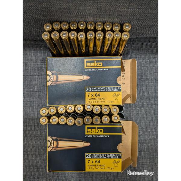 Cartouches Sako 7x64 hammerhead 170 grs - lot de 38 cartouches