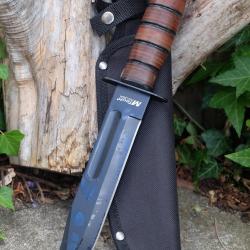 Couteau MTech Tactical Marines Combat Fighting Lame Acier 3Cr13 Manche Cuir Etui Nylon Style Ka-bar