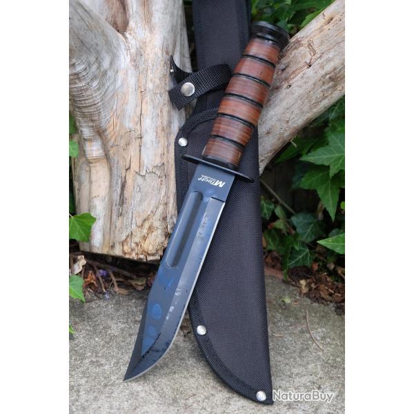 Couteau MTech Tactical Marines Combat Fighting Lame Acier 3Cr13 Manche Cuir Etui Nylon Style Ka-bar