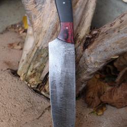 Couteau De Cuisine Santoku Lame Acier Damas 256 Couches Manche Bois/Micarta Fabrication Artisanale