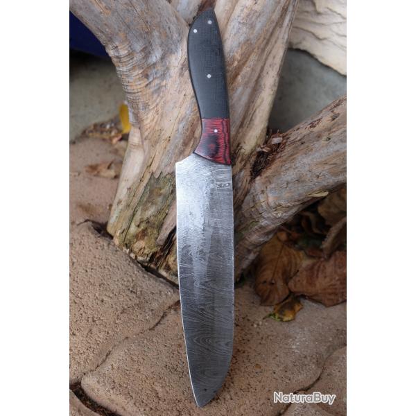 Couteau De Cuisine Santoku Lame Acier Damas 256 Couches Manche Bois/Micarta Fabrication Artisanale