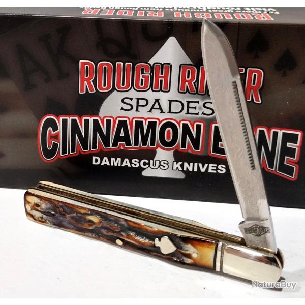 Couteau Rough Ryder Doctor Cinnamon Bone Lame Acier Damas Manche Os Cannelle Slip Joint RR2526