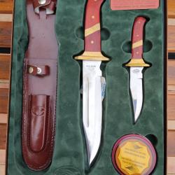 Coffret de 2 couteaux de chasse "LE DUO" de PRADEL style BOWIE avec étui et graisse d'entretien NEUF