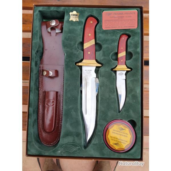 Coffret de 2 couteaux de chasse "LE DUO" de PRADEL style BOWIE avec étui et graisse d'entretien NEUF