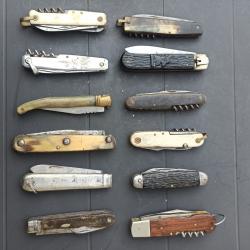 Lot indissociable de 12 couteaux pliants divers : AU 121, Pradel, ATTDR à système, Lix, Nogent..