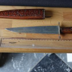 Couteau ancien "India" gravé sur Lame Manche et Étui en Bois Sculpté