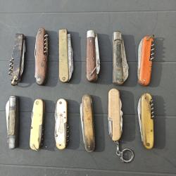 Lot indissociable de 12 couteaux pliants divers : Pradel, VM, ...