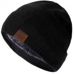 Bonnet hiver doublé chaud unisexe - tricot épais doublure fourrure extérieur Noir