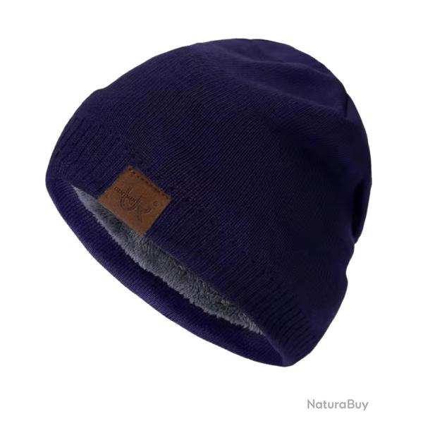 Bonnet hiver doubl chaud unisexe - tricot pais doublure fourrure extrieur Bleu