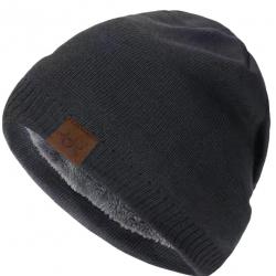 Bonnet hiver doublé chaud unisexe - tricot épais doublure fourrure extérieur Gris