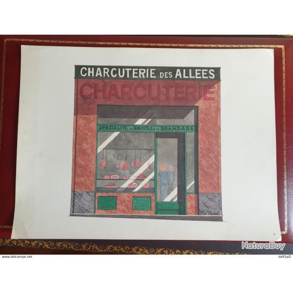 Grande lithographie Charcuterie Catherine d'Ortoli signe dans la planche  encadrer