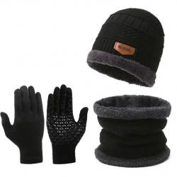 Ensemble hiver chaud 3 pièces bonnet doublé polaire gants écharpe unisexe Noir