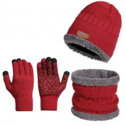 Ensemble hiver chaud 3 pièces bonnet doublé polaire gants écharpe unisexe Rouge