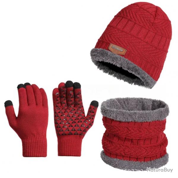 Ensemble hiver chaud 3 pices bonnet doubl polaire gants charpe unisexe Rouge