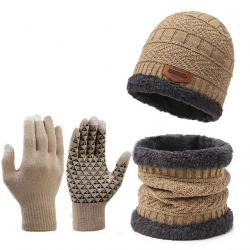 Ensemble hiver chaud 3 pièces bonnet doublé polaire gants écharpe Beige