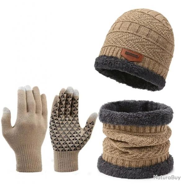 Ensemble hiver chaud 3 pices bonnet doubl polaire gants charpe Beige
