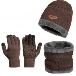 Ensemble hiver chaud 3 pièces bonnet doublé polaire gants écharpe Marron