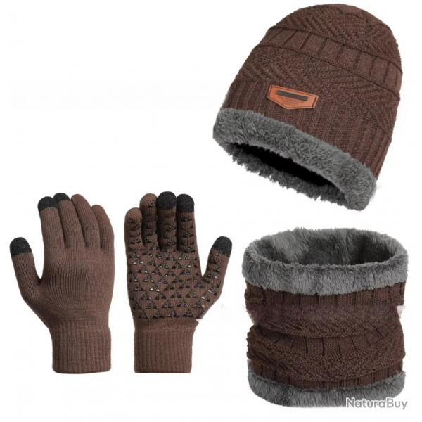 Ensemble hiver chaud 3 pices bonnet doubl polaire gants charpe Marron