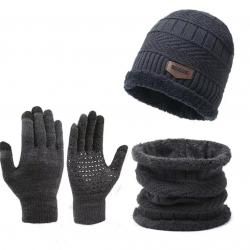 Ensemble hiver chaud 3 pièces bonnet doublé polaire gants écharpe Gris