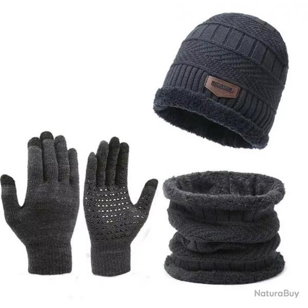 Ensemble hiver chaud 3 pices bonnet doubl polaire gants charpe Gris