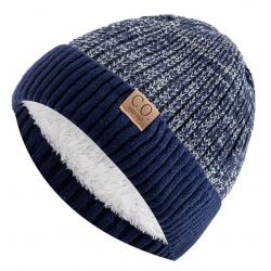 Bonnet hiver chaud doublé polaire bicolore unisexe - tricot épais Noir Bleu