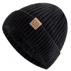 Bonnet hiver chaud doublé polaire bicolore unisexe - tricot épais Noir