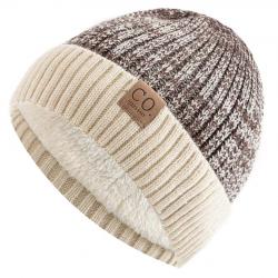 Bonnet hiver chaud doublé polaire bicolore unisexe - tricot épais Café