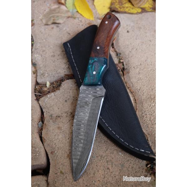 Skinner Couteau de Chasse Damas Lame 256 Couches Manche Bois/Rsine Fabric Artisanale Etui Cuir