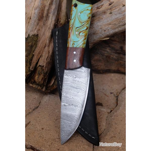 Skinner Bowie Couteau de Chasse Damas Lame 256 Couches Manche Rsine Fabric Artisanale Etui Cuir