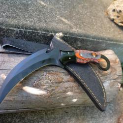 Couteau Karambit Lame Acier Carbone 1055 Black Manche Bois & Résine Etui Simili Cuir Fabr Artisan