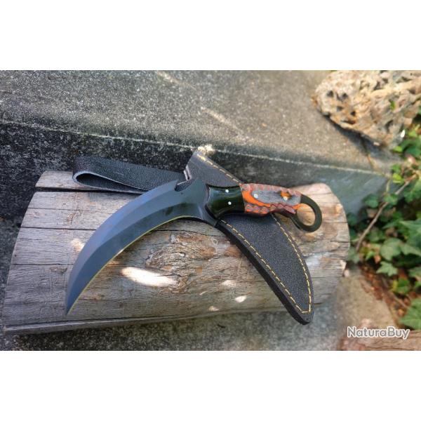 Couteau Karambit Lame Acier Carbone 1055 Black Manche Bois & Rsine Etui Simili Cuir Fabr Artisan