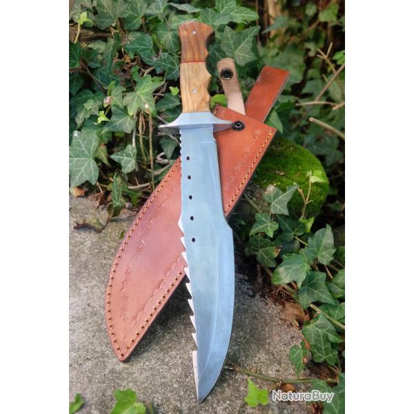 Poignard Bushcraft Couteau de Chasse Survie Lame Carbone 1055 Manche Bois/Acier Etui Cuir F ArtisanB