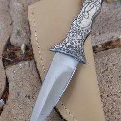 Couteau Dague De Poche Lame Acier Inox Manche Acier Fabric Artisanale Etui Simili Cuir