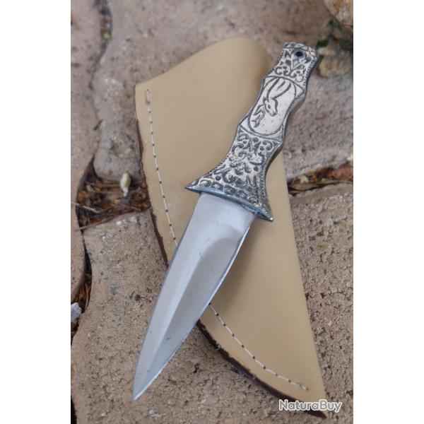 Couteau Dague De Poche Lame Acier Inox Manche Acier Fabric Artisanale Etui Simili Cuir