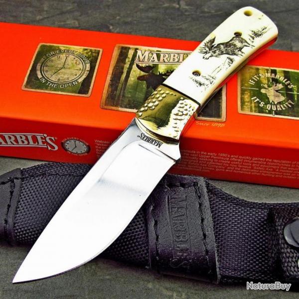 Couteau Marbles Manche Os Scrimshaw Elan Lame Acier Inox Etui Nylon