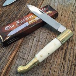 Couteau Navaja Lame Acier Inox Manche Os Blanc façon Ivoirine Cran Forcé