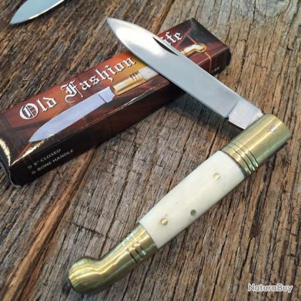 Couteau Navaja Lame Acier Inox Manche Os Blanc faon Ivoirine Cran Forc