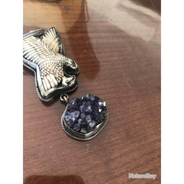 Pendentif amrindien aigle sculpt os de buffle - gode amthyste sur argent repouss