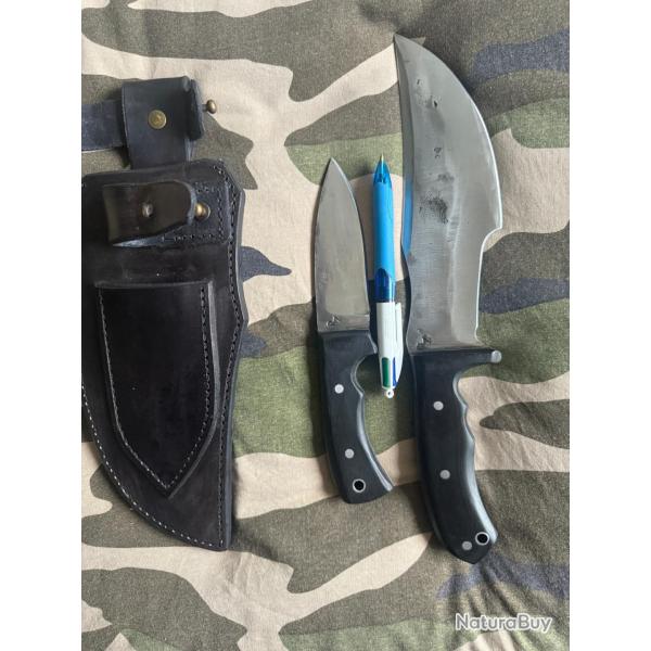 Couteau artisanal tracker + couteau compagnon + tui en cuir