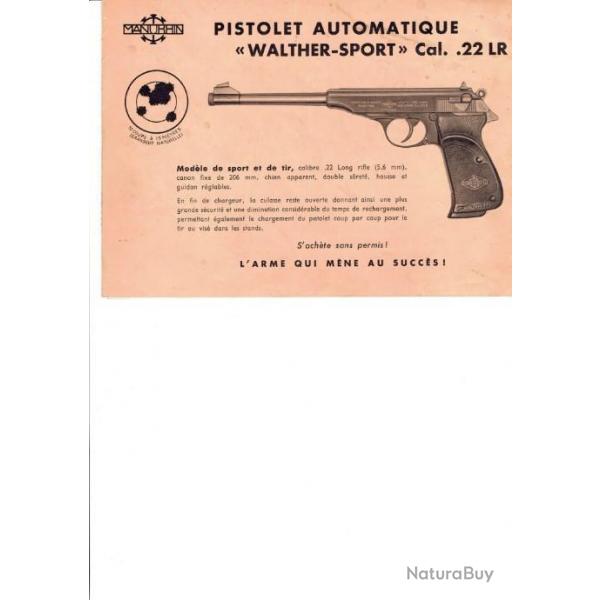 notice pistolet MANURHIN WALTHER SPORT calibre 22lr (envoi par mail) - VENDU PAR JEPERCUTE (m2569)