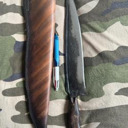 Très grand couteau Bowie artisanal forgé + étui cuir