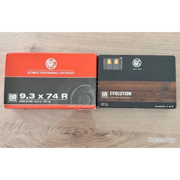 LOT DE 28 BALLES 9.3X74R EVO RWS291 grains / 18,8 grammes