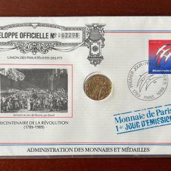 Enveloppe 1 premier jour d&eacute;mission du bicentenaire de la r&eacute;volution fran&ccedil;aise timbre + pi&egrave;ce.