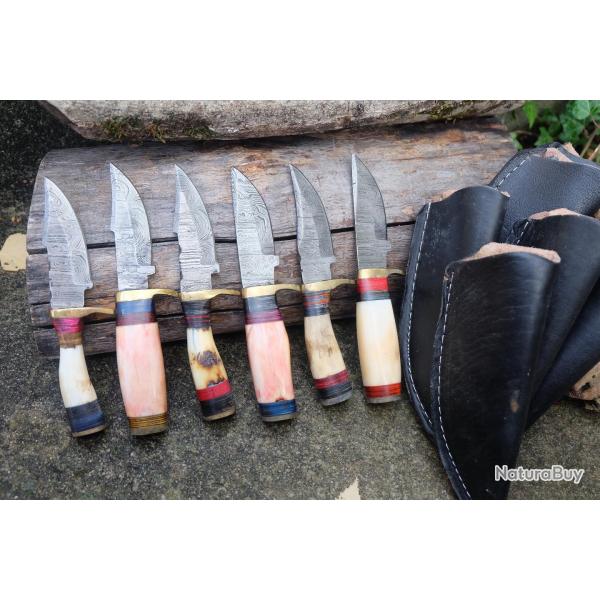 LOT DE 6 Couteau Skinner Damas Lame 256 Couches Manche Os & Bois Cerf Fabric Artisanale Etui Cuir 01