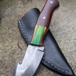 Guthook Couteau Damas Lame 256 Couches Crochet Manche 2 Bois Fabrication Artisanale Etui Cuir 00