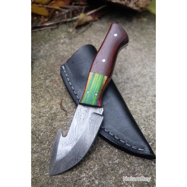 Guthook Couteau Damas Lame 256 Couches Crochet Manche 2 Bois Fabrication Artisanale Etui Cuir 00