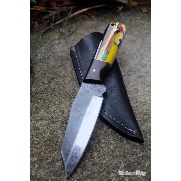 Couteau Skinner Bushcraft Lame Sheepfoot Acier Carbone 1075 Manche Rsine Etui Cuir Artisanale