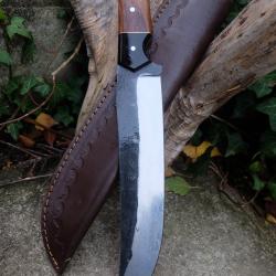 BIG Couteau Buscharft Survie Bowie Lame Acier Carbone 1075 Etui Cuir Manche Bois/Résine F Artisanale
