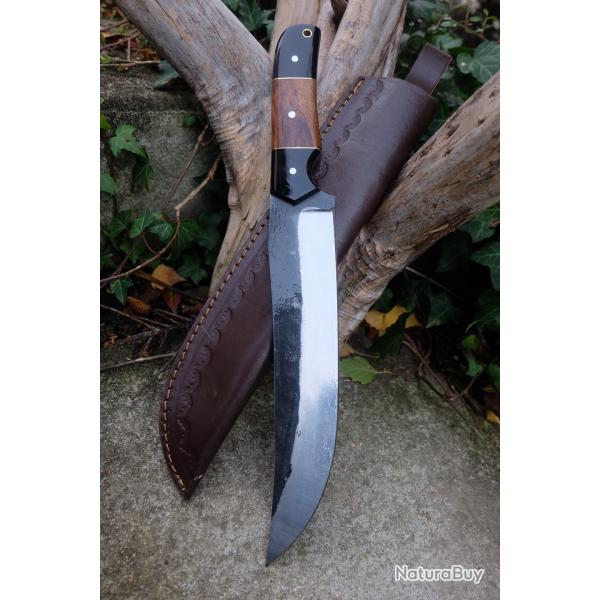 BIG Couteau Buscharft Survie Bowie Lame Acier Carbone 1075 Etui Cuir Manche Bois/Rsine F Artisanale