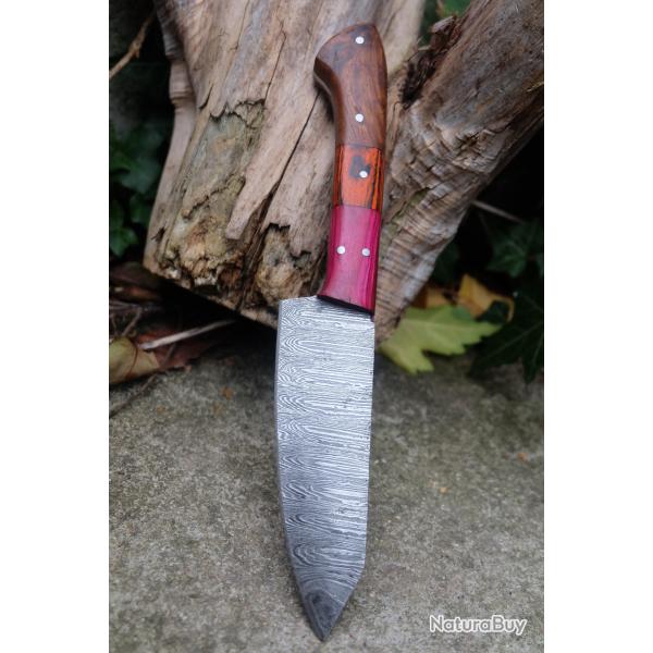 Couteau De Cuisine D'Office Lame Acier Damas 256 Couches Manche 2 Bois Fabric Artisanale